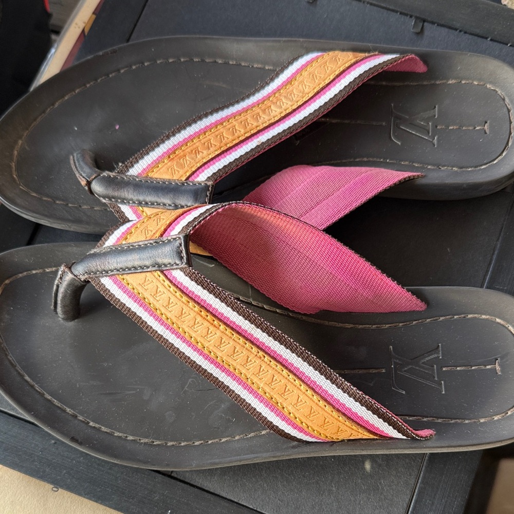 Louis Vuitton Black Sandals with Pink and Orange Straps
